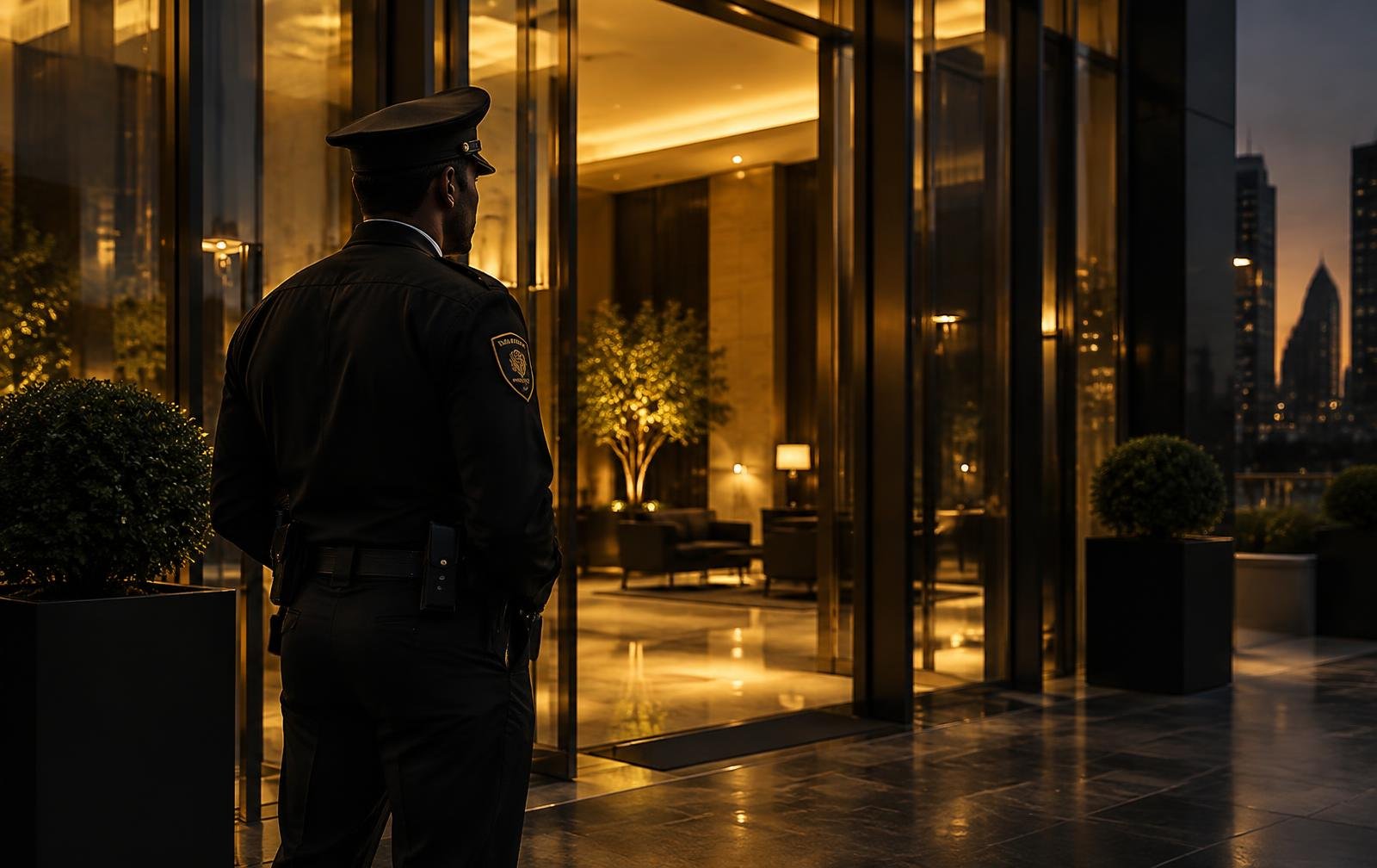 Uniformed security officer at a corporate building entrance